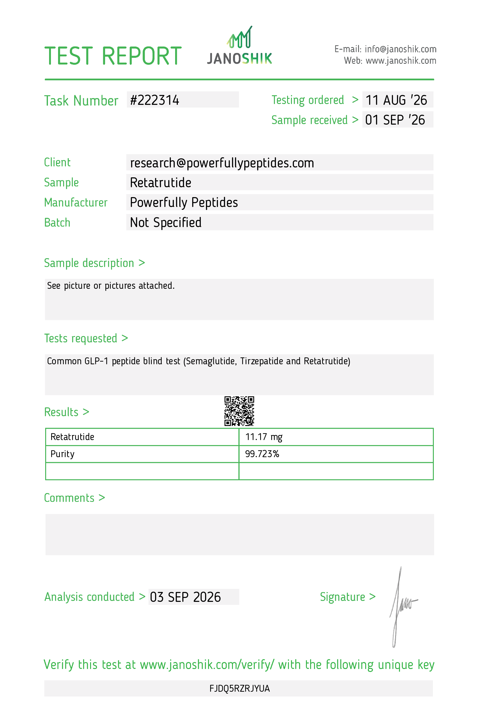 Janoshik Analytical test report 222314: PowerfullyPeptides Retatrutide, 11.17 mg measured, 99.723% purity, analysed 3 September 2026
